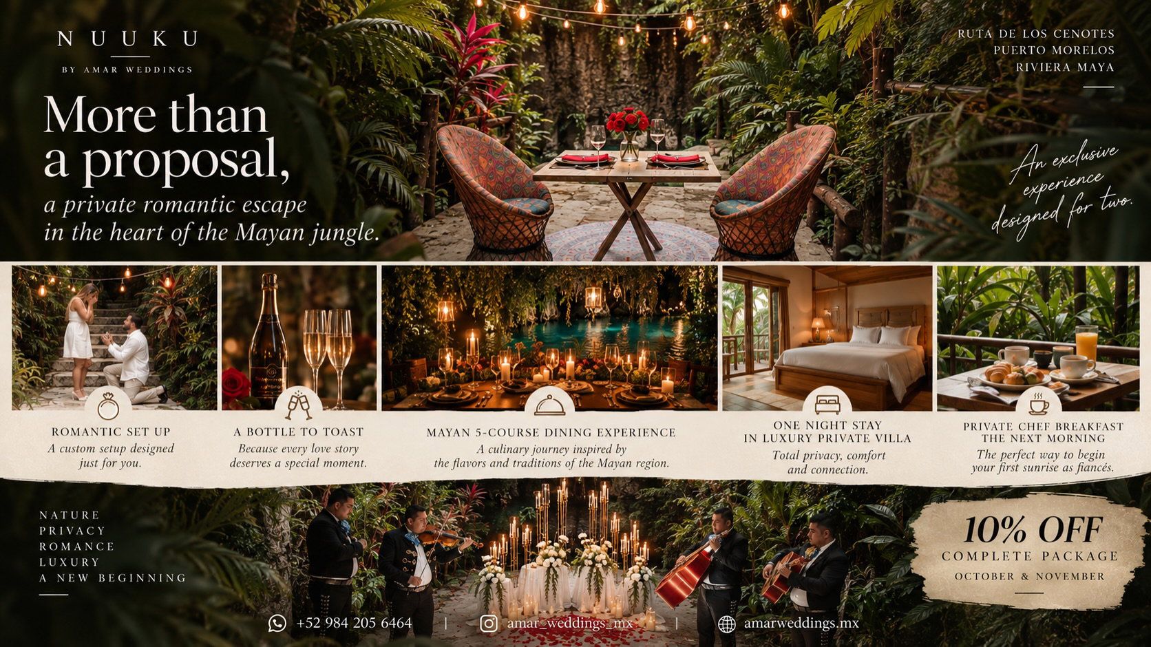 We are delighted to introduce NUUK × AMAR, an exclusive collaboration bringing together nature, romance, and luxury in one extraordinary experience.

Imagine proposing beside a breathtaking private cenote, surrounded by the beauty and serenity of the jungle. 🌿

And the magic doesn’t end with YES…

🥂 Celebrate your engagement with an intimate five-course Mayan dinner prepared by a private chef.

🌙 Spend the night together in a beautiful, secluded jungle villa.

☀️ Wake up to your first morning as fiancés, with a private chef breakfast designed just for you.

Every detail thoughtfully curated to turn one unforgettable question into an entire experience you’ll cherish forever.

Because a love story like yours deserves more than a moment.

📍 Riviera Maya, Mexico
💌 Now accepting reservations.

@amar_weddings_mx × @nuukumx

PrivateCenote MarriageProposalMexico