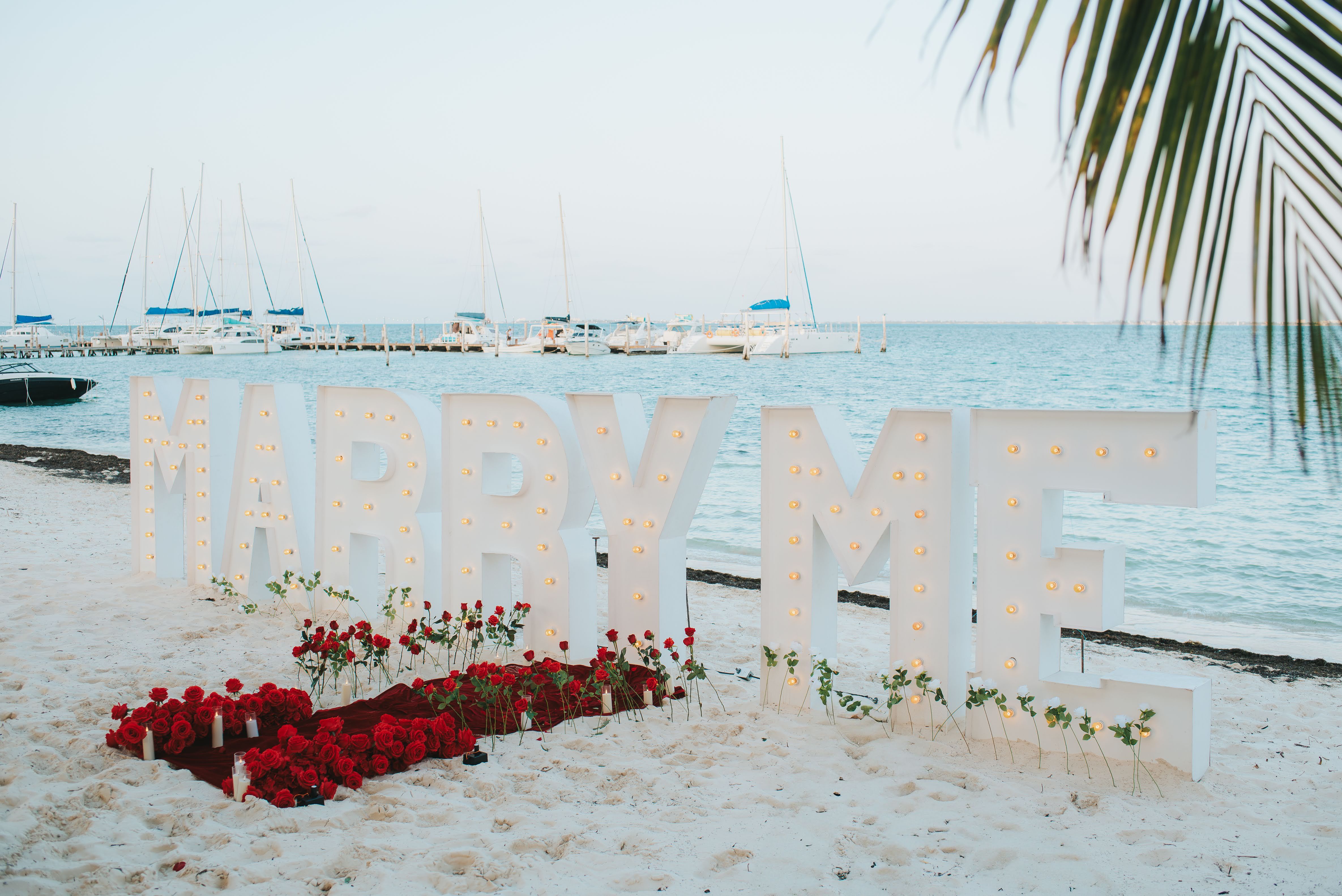 Romantic marriage proposal on a quiet beach in Akumal at sunset with string lights, a bottle of champagne, and a private musician playing violin.