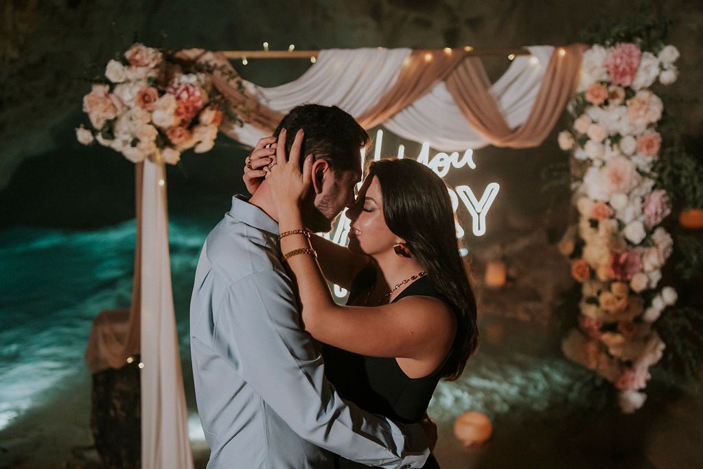 Intimate cave marriage proposal haven in Akumal with a minimalist setup that lets the natural beauty of the cenote take center stage.