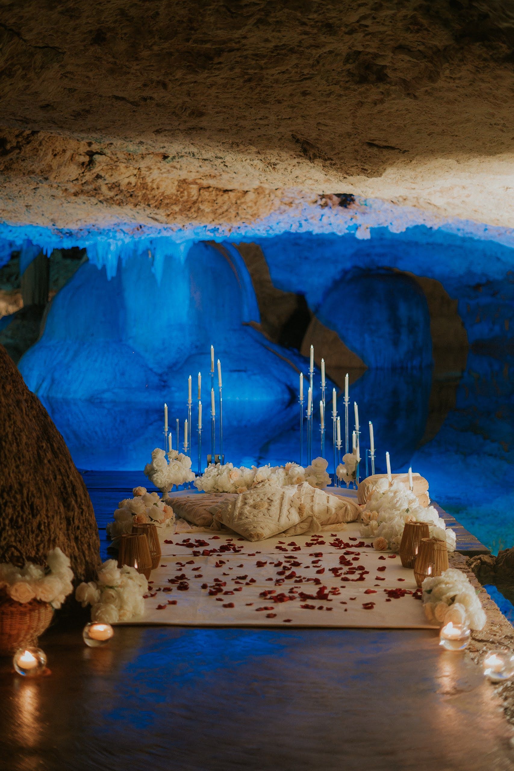 Romantic moment in a secluded underground cenote paradise in Playa del Carmen, perfect for a private and unforgettable 'Yes'.