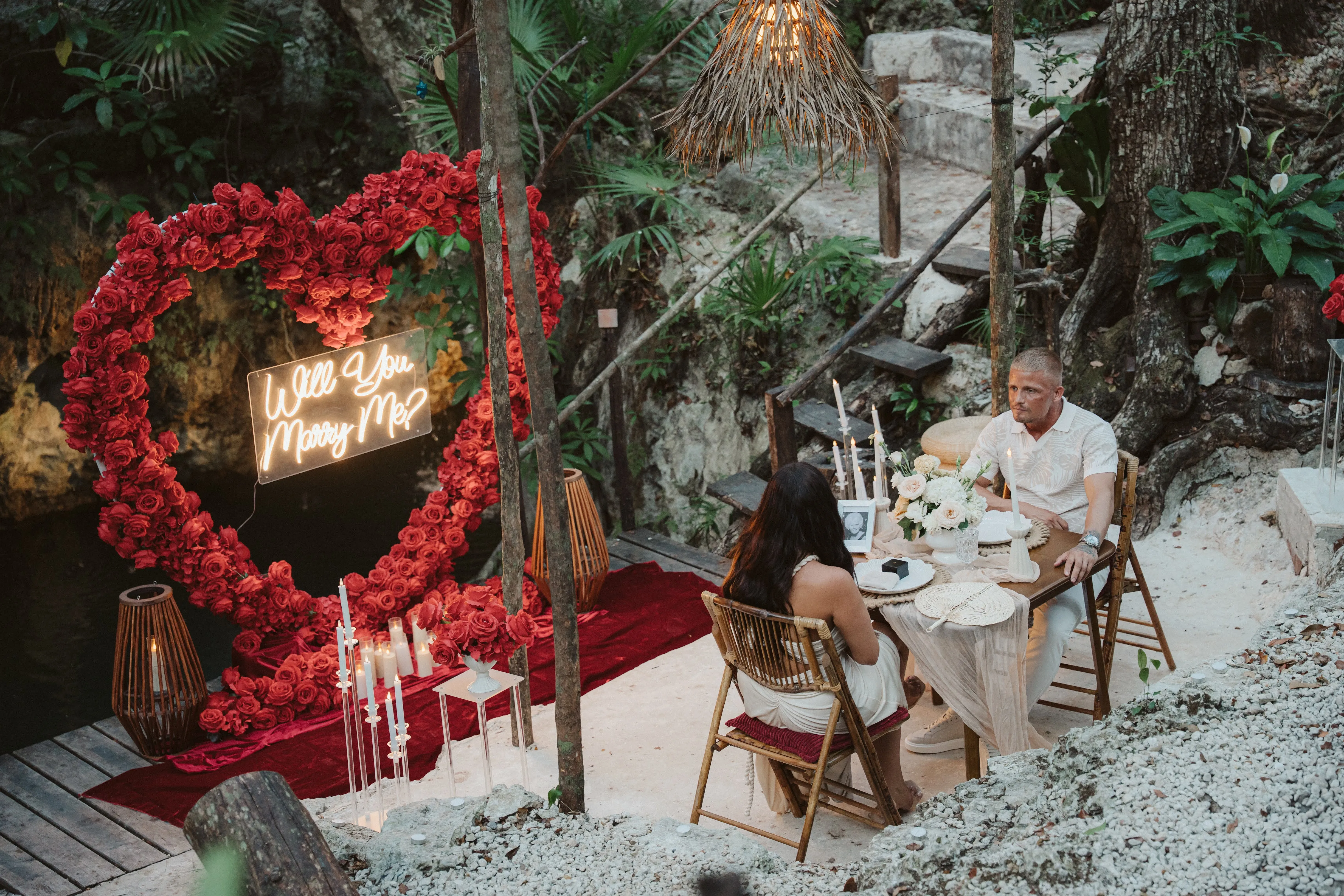 Couple embracing in cave setting