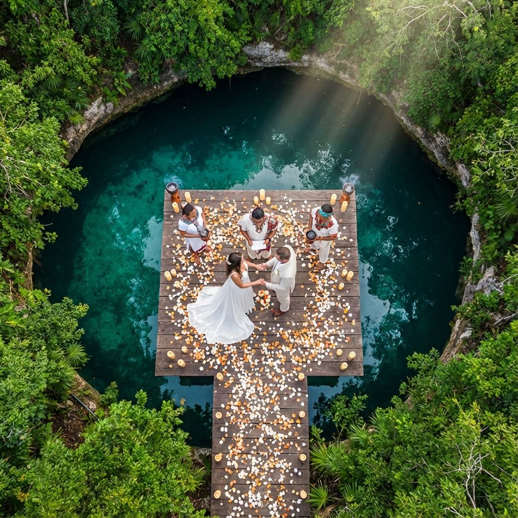 Romantic cenote with clear water and stone platform lit for a proposal