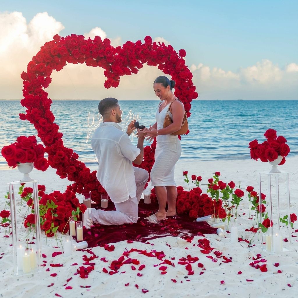 Flawless white sand beach setup with a large red rose heart arch, candles, and neon sign, ready for a luxury marriage proposal.
